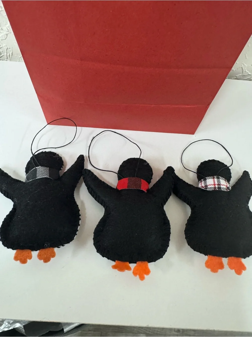 Christmas Ornaments Penguin Handmade felt black white red use as gift bag decor